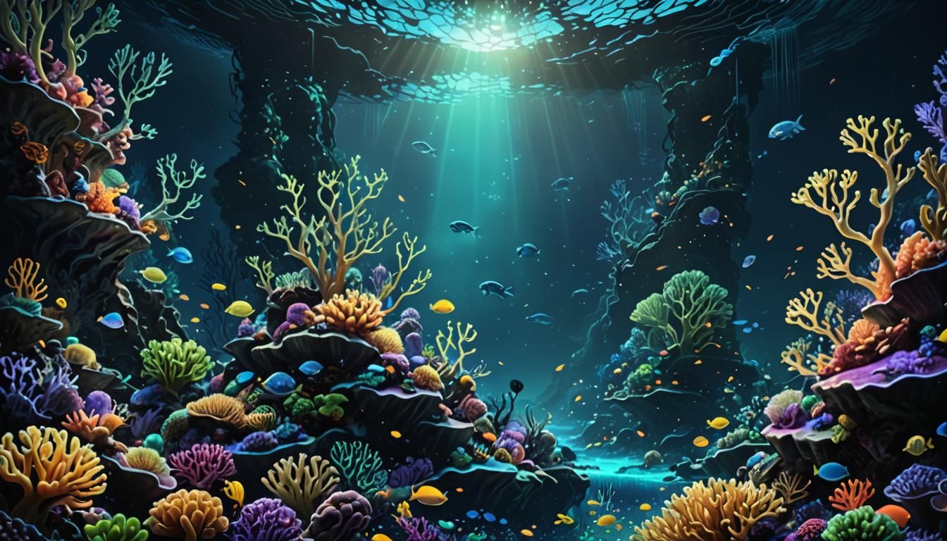 Neon Bioluminescent Coral Reef in Digital Painting Style