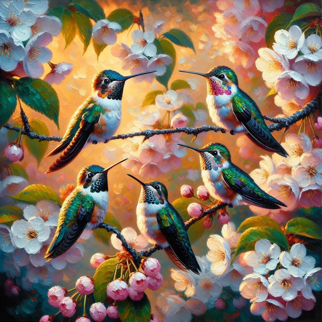 Hummingbirds in Cherry Tree: Neo-Impressionist Oil Painting