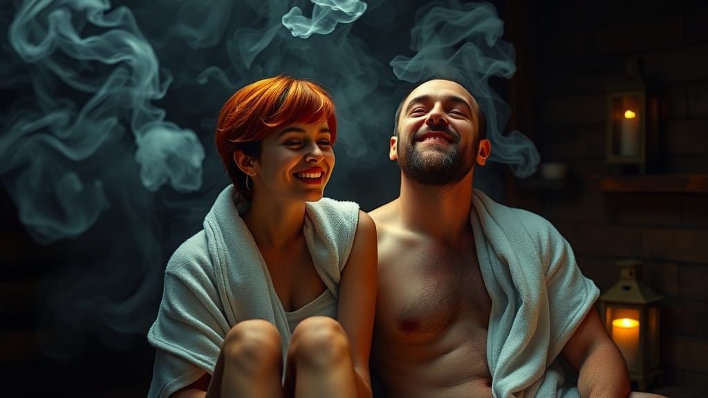 Steamy Intimacy in a Sauna Scene, Moody and Atmospheric