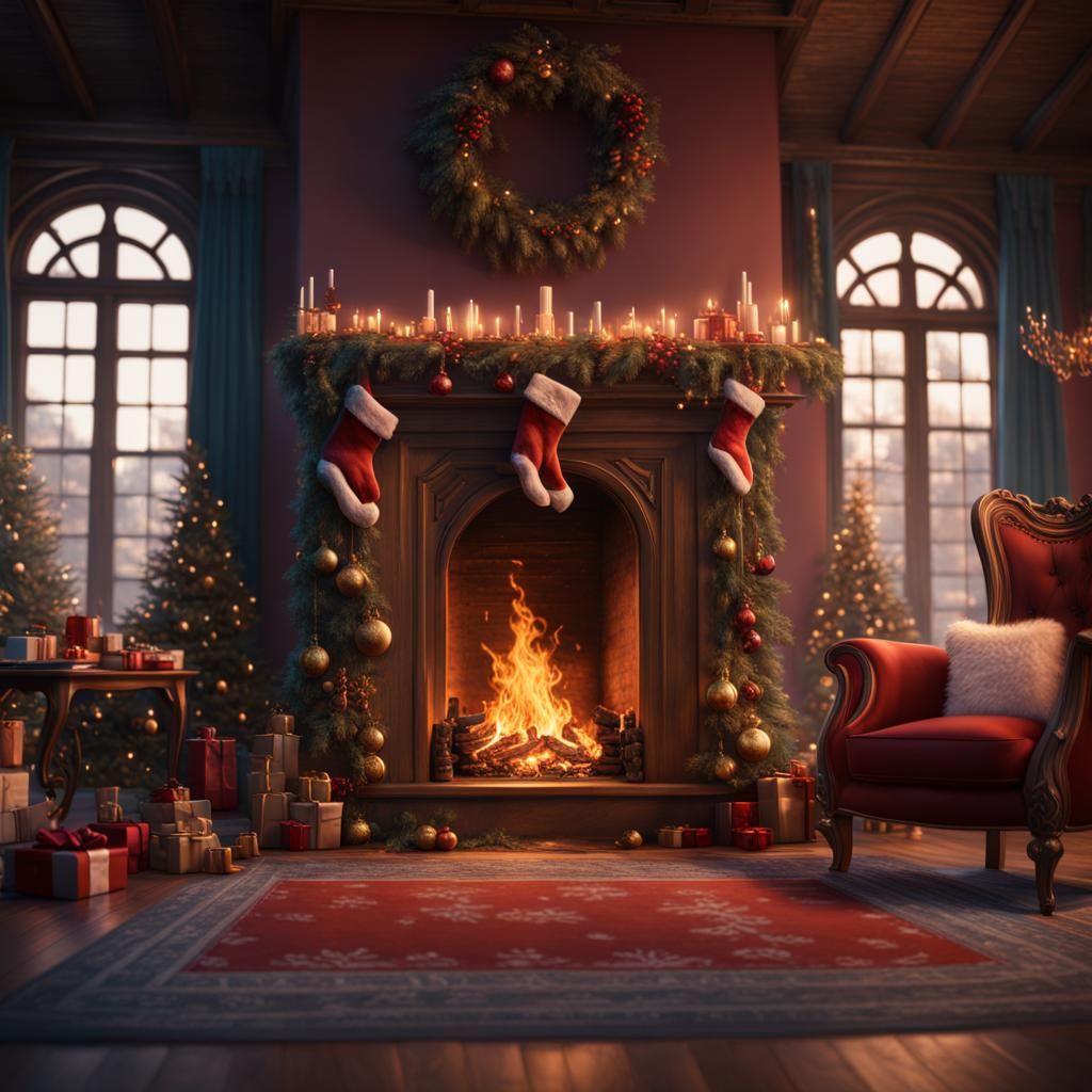 Cozy Christmas Fireplace in Detailed Matte Painting