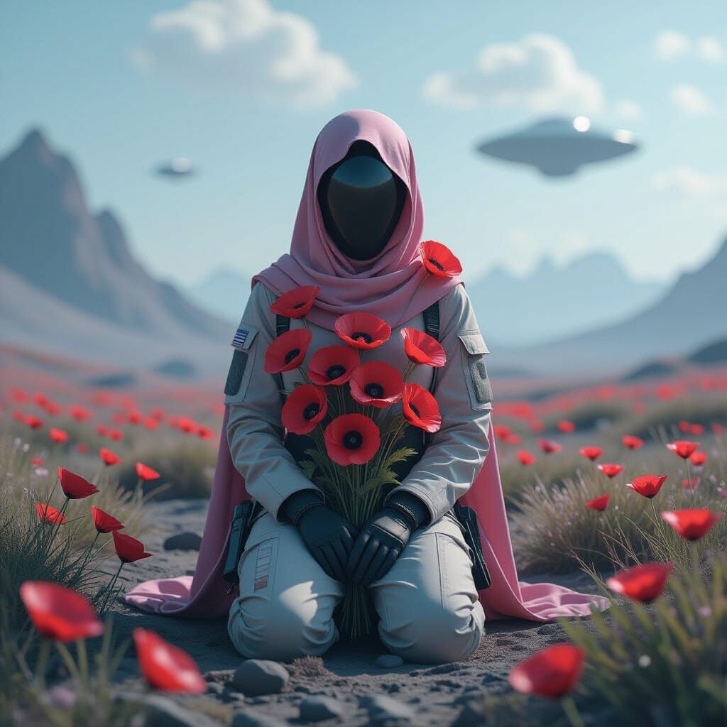 Faceless Soldier in Pink Poppies on Alien World