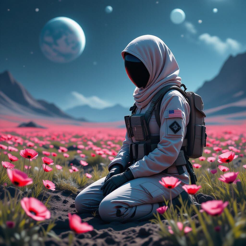 Faceless Soldier in Pink Poppies on Alien World