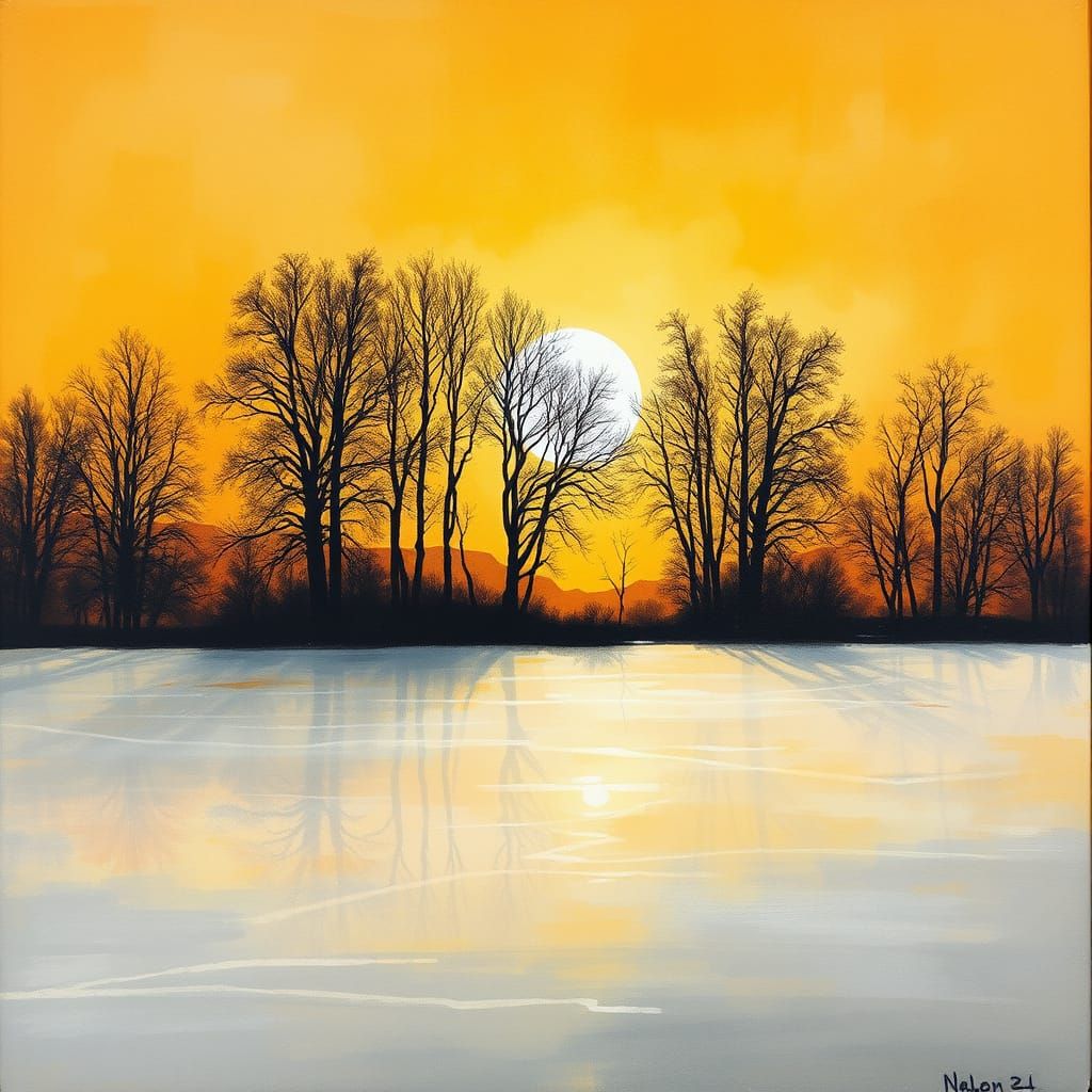 Ethereal Autumn Lake Landscape in Mixed Media Watercolour