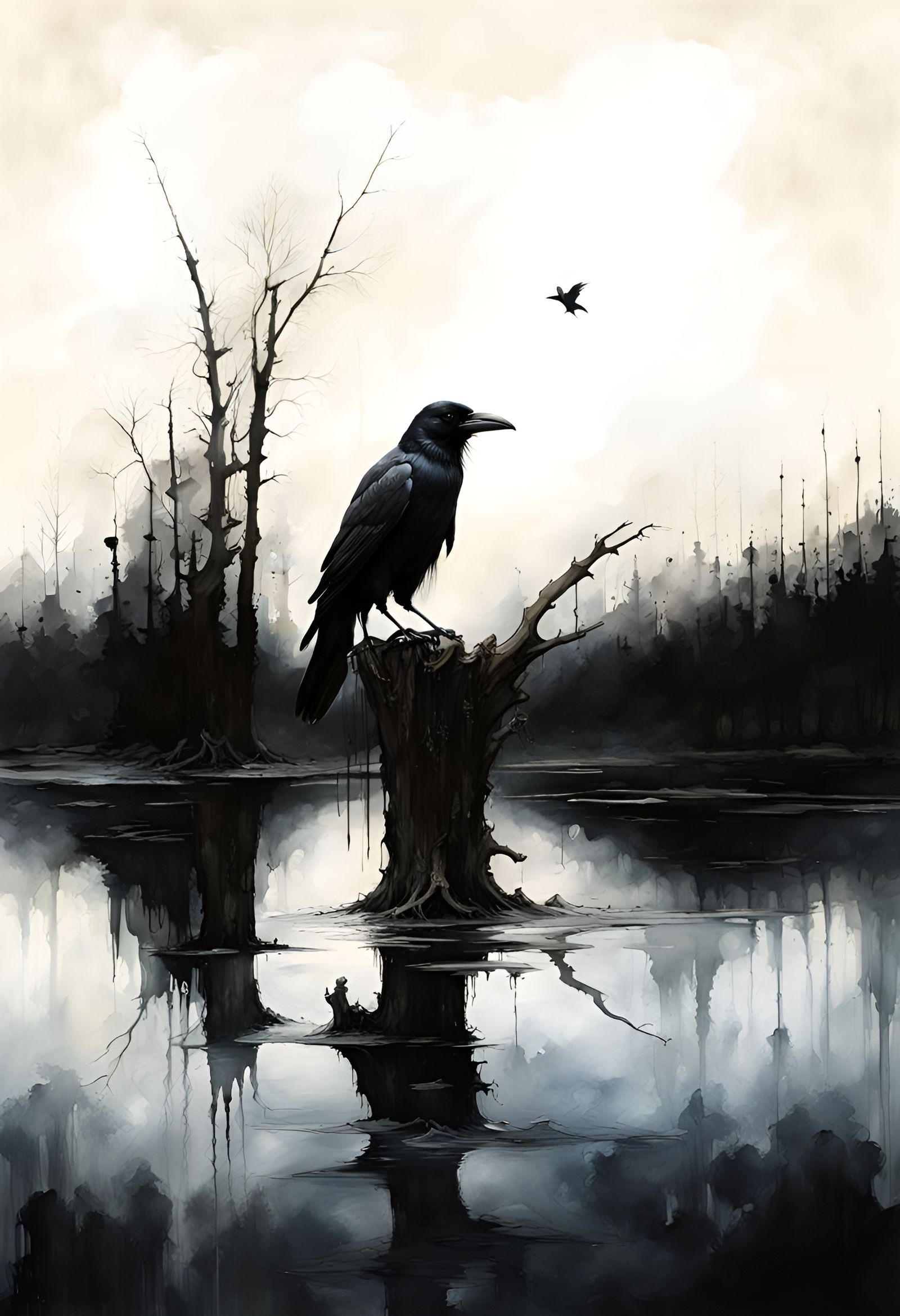 Detailed Crow Portrait in Ink and Gouache