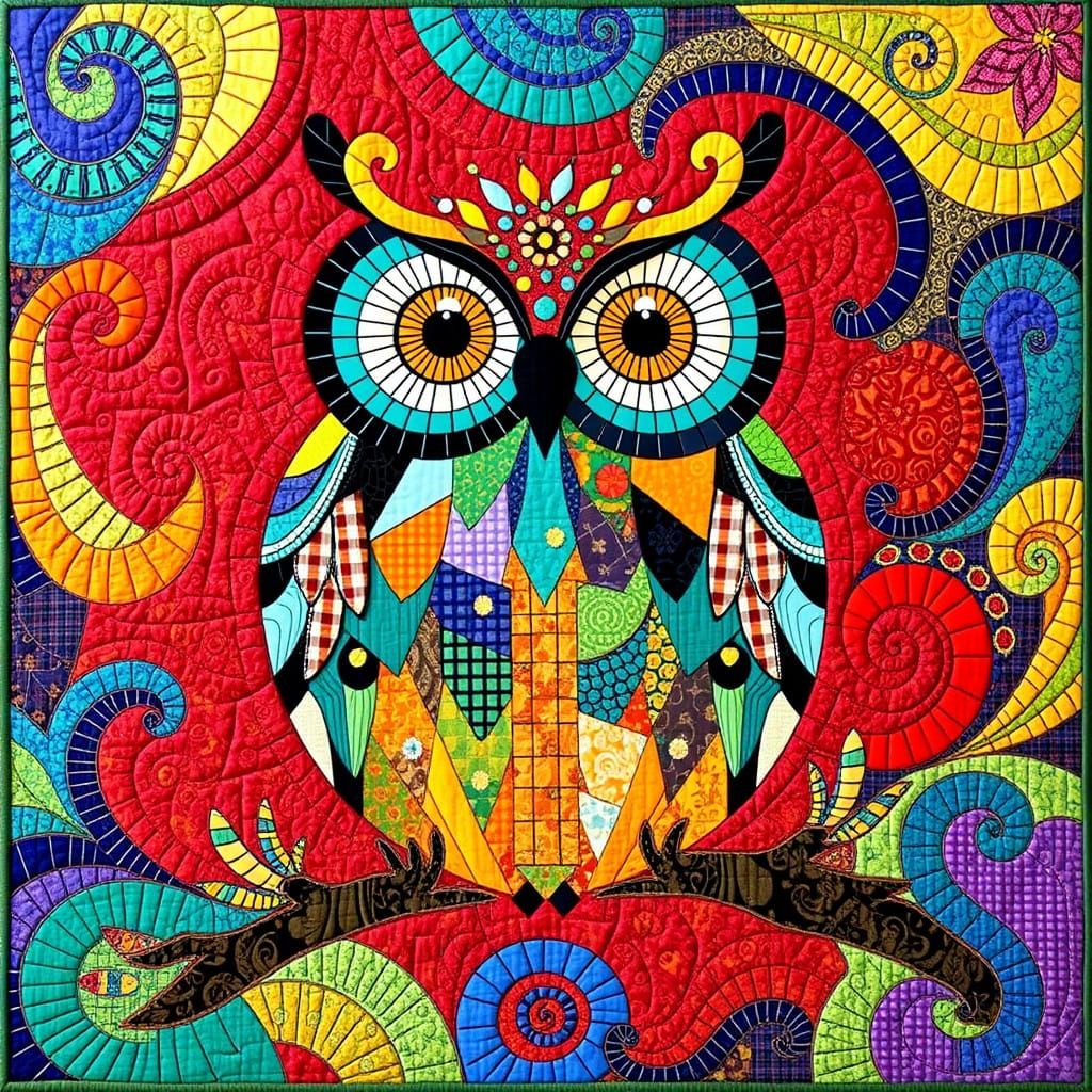 Vibrant Mosaic Quilt Art with Whimsical Owl Design