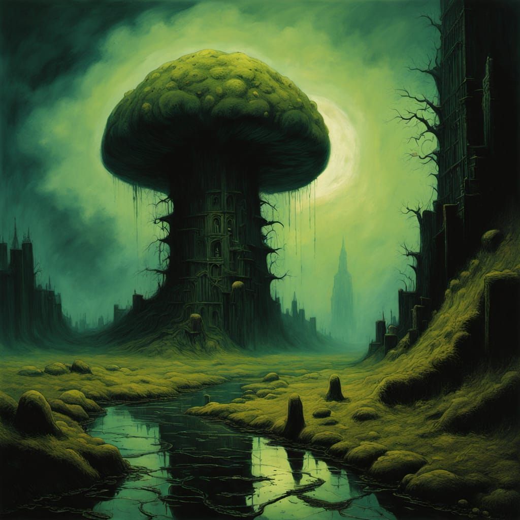 Bioluminescent Fungi Consumes Decaying Cityscape