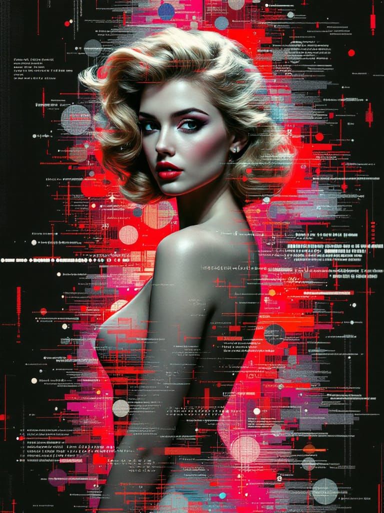Glitch Art Pin-Up Woman Merging With Digital Code