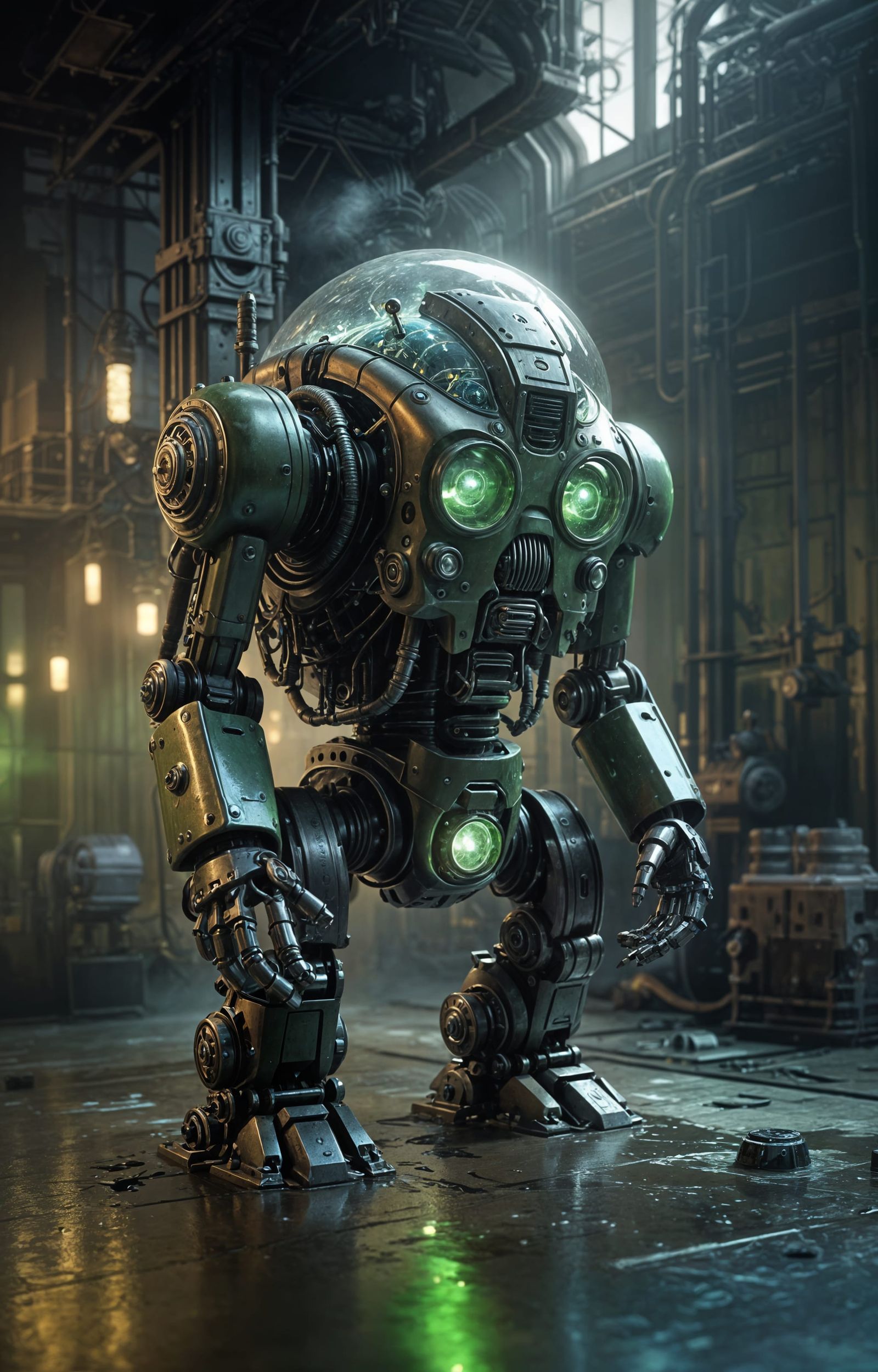 Giant Dieselpunk Robot Brain in Glass Bubble