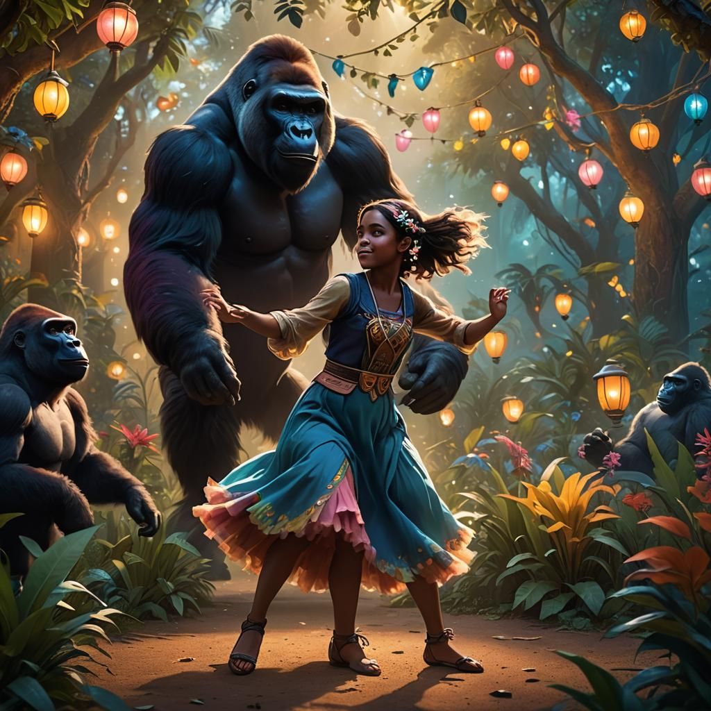 Girl and Gorilla Dance in Whimsical Garden