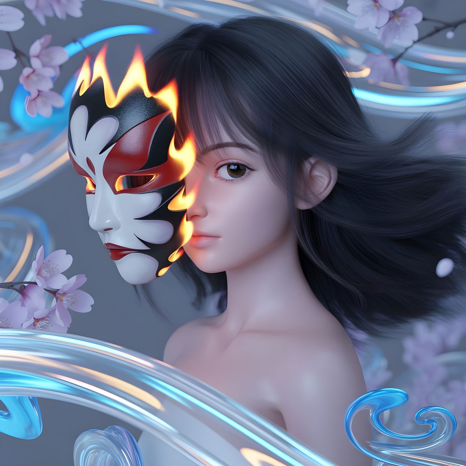 Anime Portrait of Woman with Fiery Japanese Mask