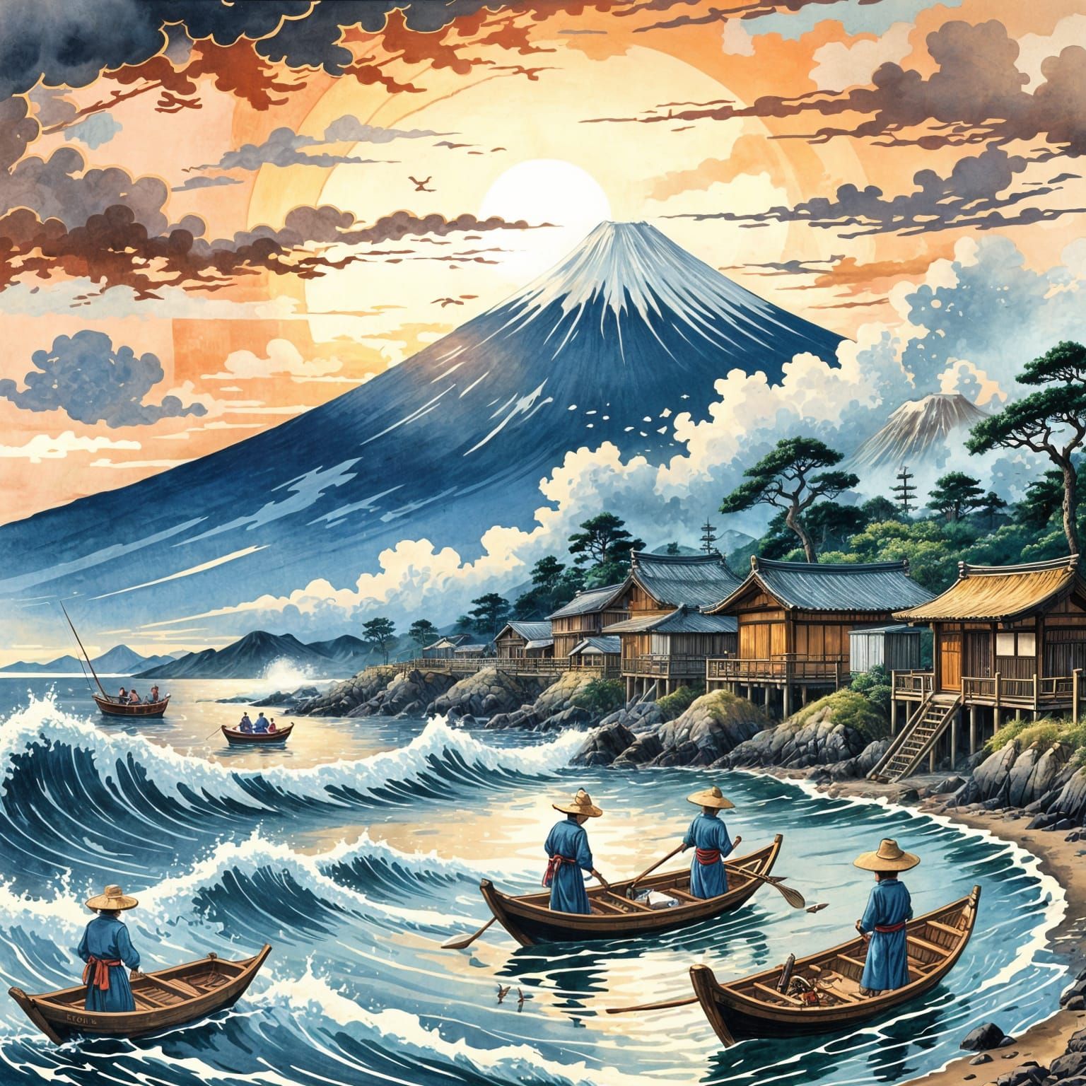 Edo Fishing Village in Ukiyo-e Style