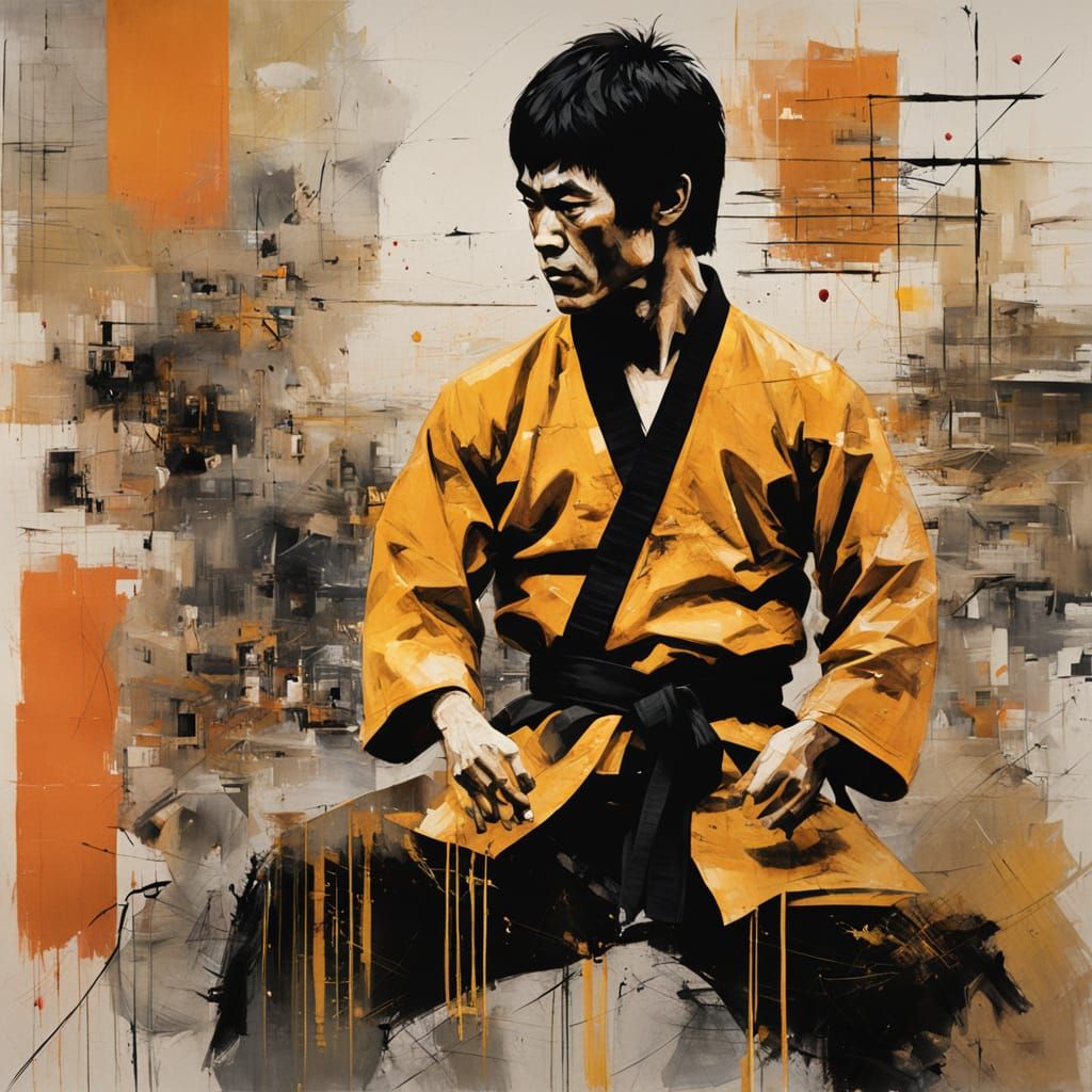 Bruce Lee in Karate School: Mixed Media Portrait