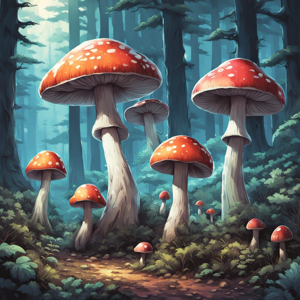 Happy Manga Mushroom in Forest Clearing