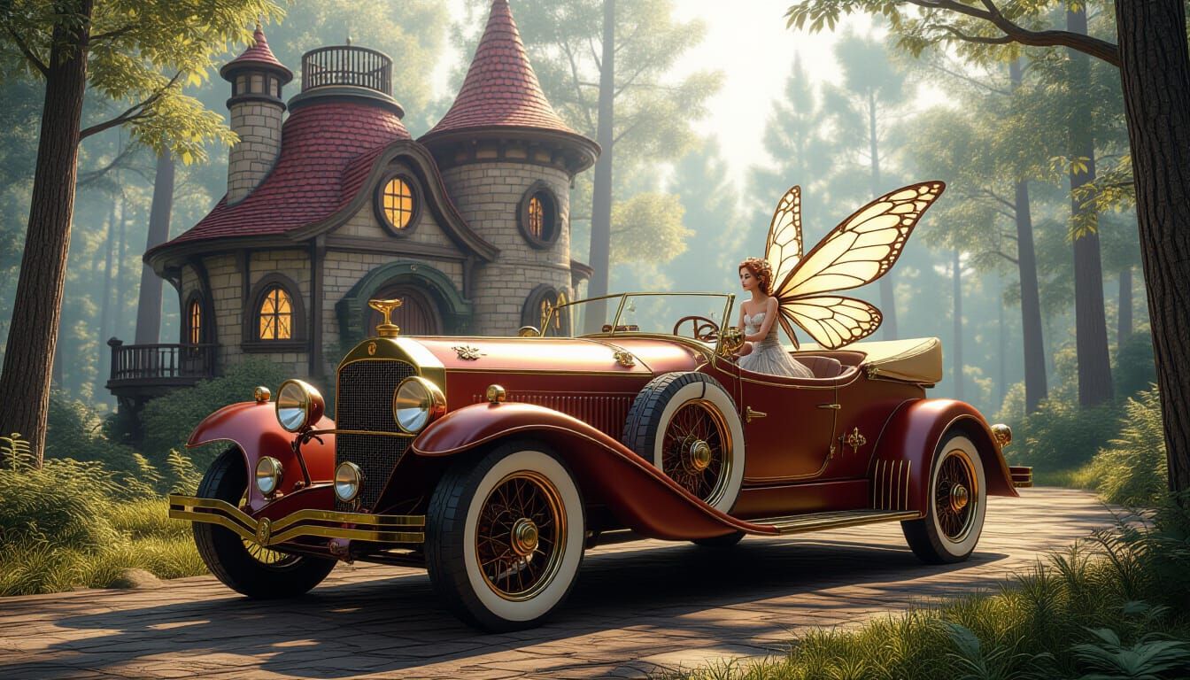 Steampunk Fairy Cottage and Antique Car in Enchanted Forest