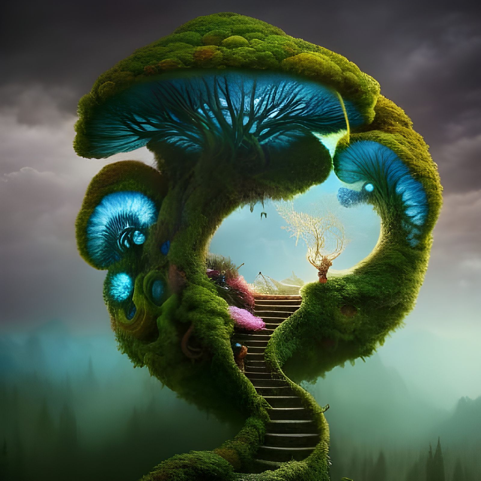 Magical Blue Mushroom City Inside Nature Portal