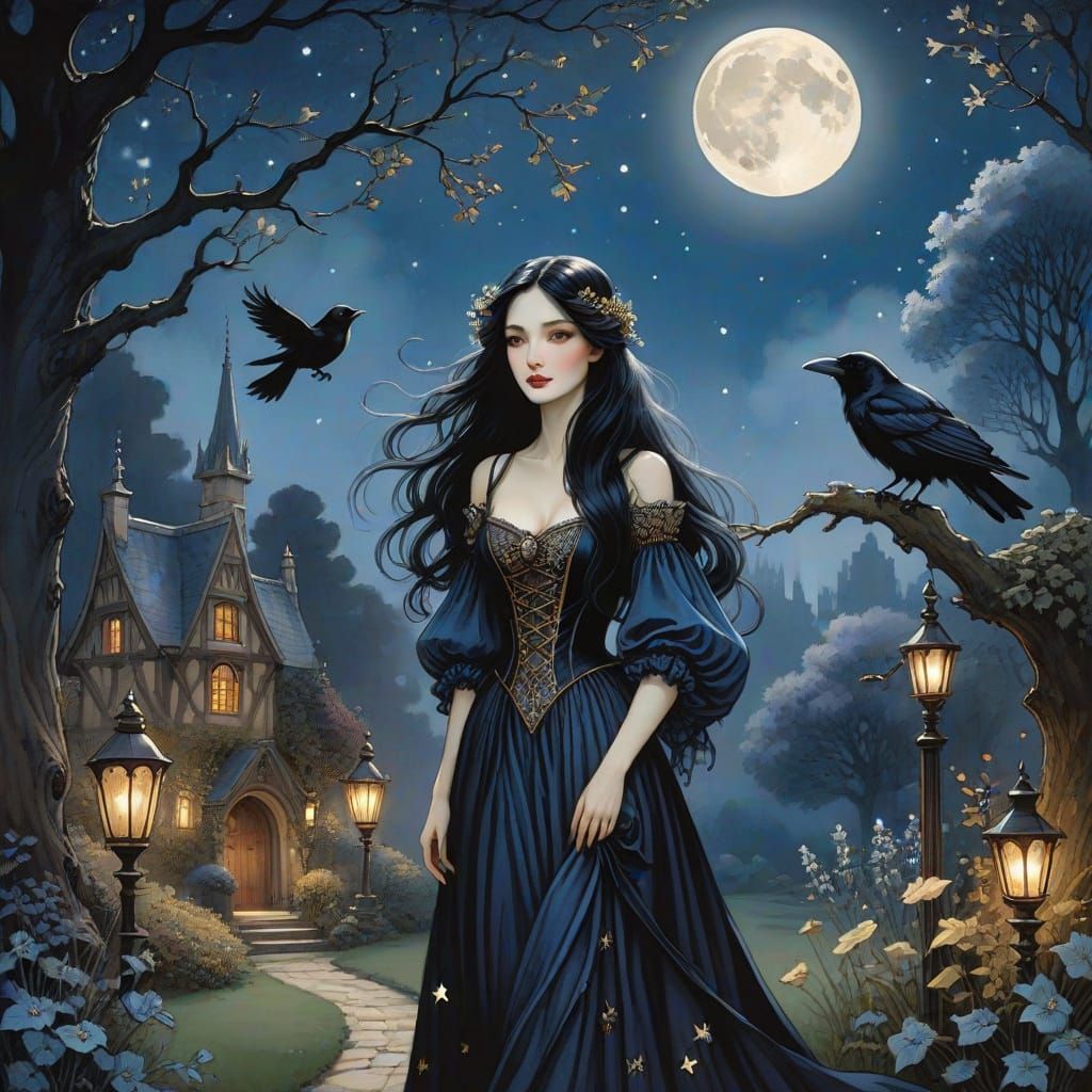 Whimsical Gothic Goddess Under Moonlit English Garden
