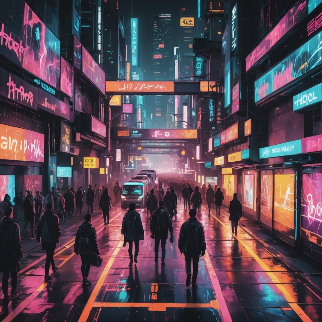 Cyberpunk Cityscape with Moving Sidewalk, Neon Lights