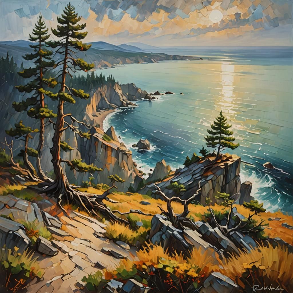 Impressionist Pines Above Calm Ocean, Oil Painting
