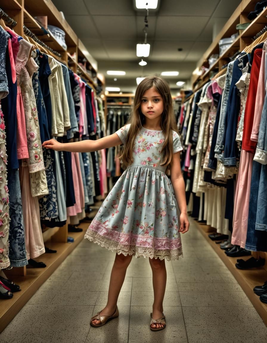 Woman Tries on Child's Dress in Hyperrealistic Shop