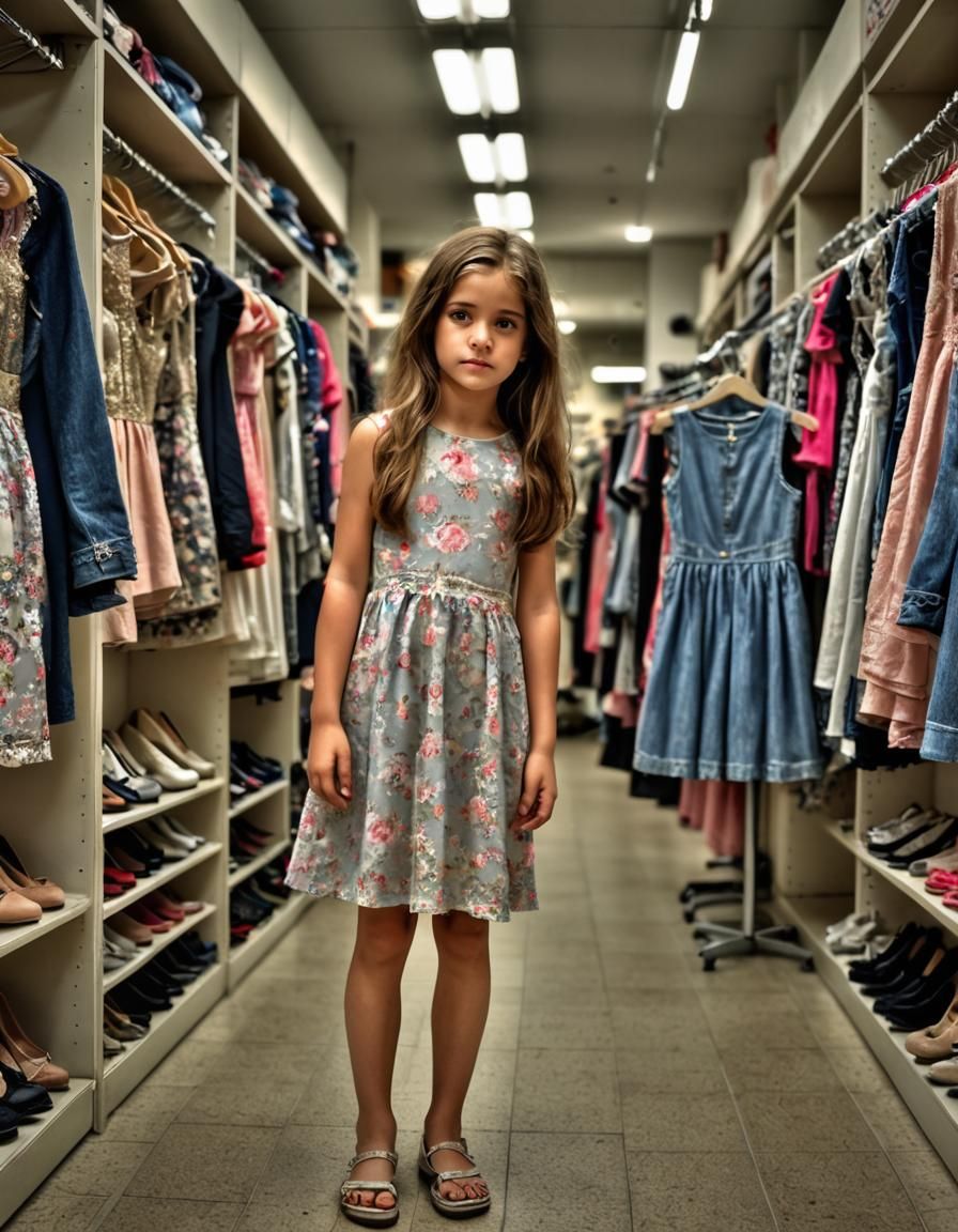Girl Tries on Minidress in Children's Shop
