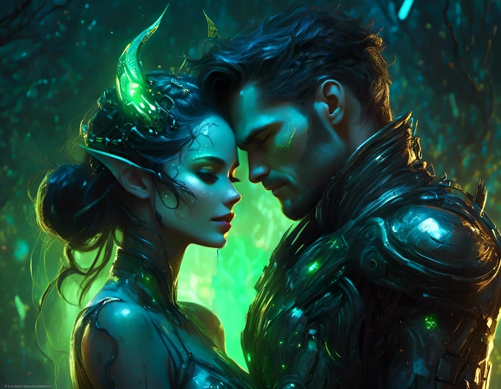 Cyberpunk Borg Couple Embrace in Apocalyptic Night