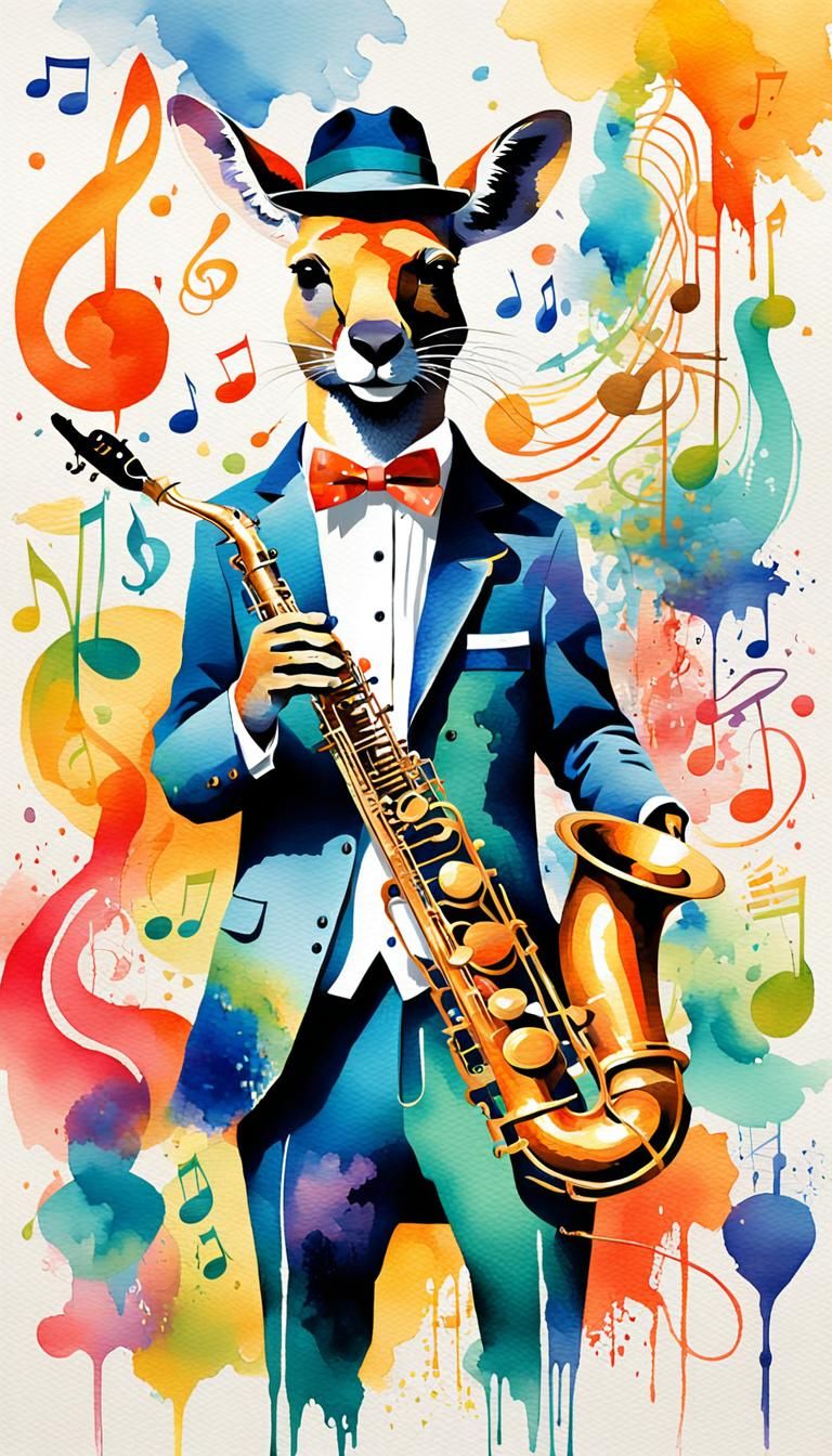 Kangaroo Saxophonist in Zoot Suit: Watercolor Painting