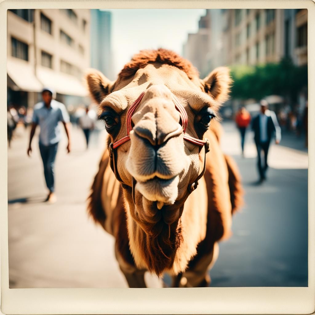 Camel Walks in City: Vintage Polaroid Style