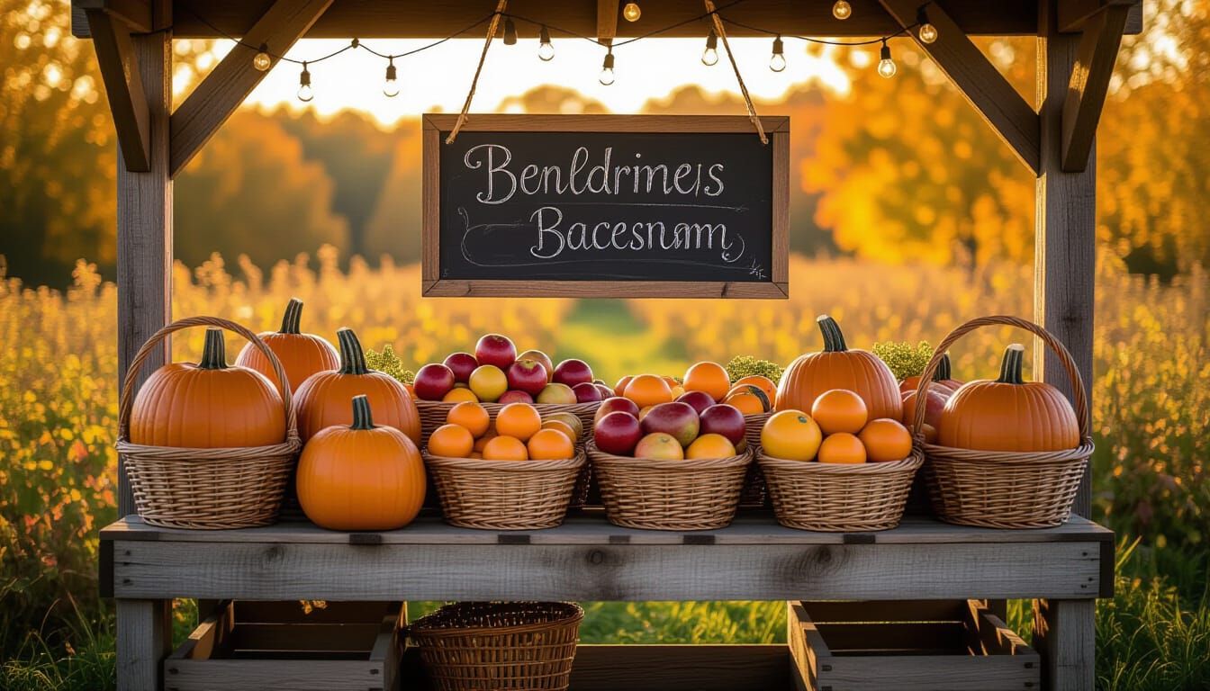 Rustic Farmstand with Autumn Produce in Golden Light