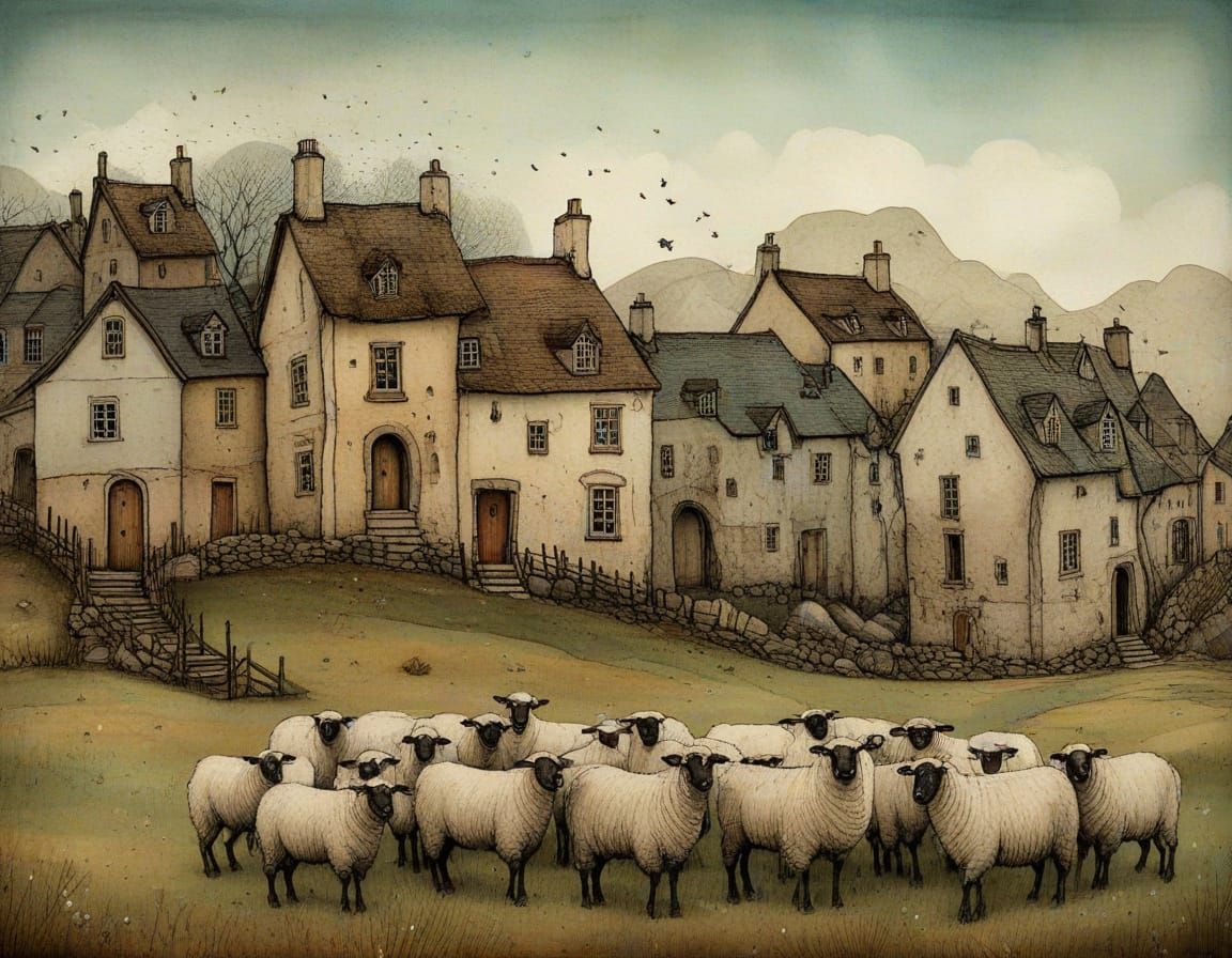 Whimsical Irish Village Scene in Lowbrow Art