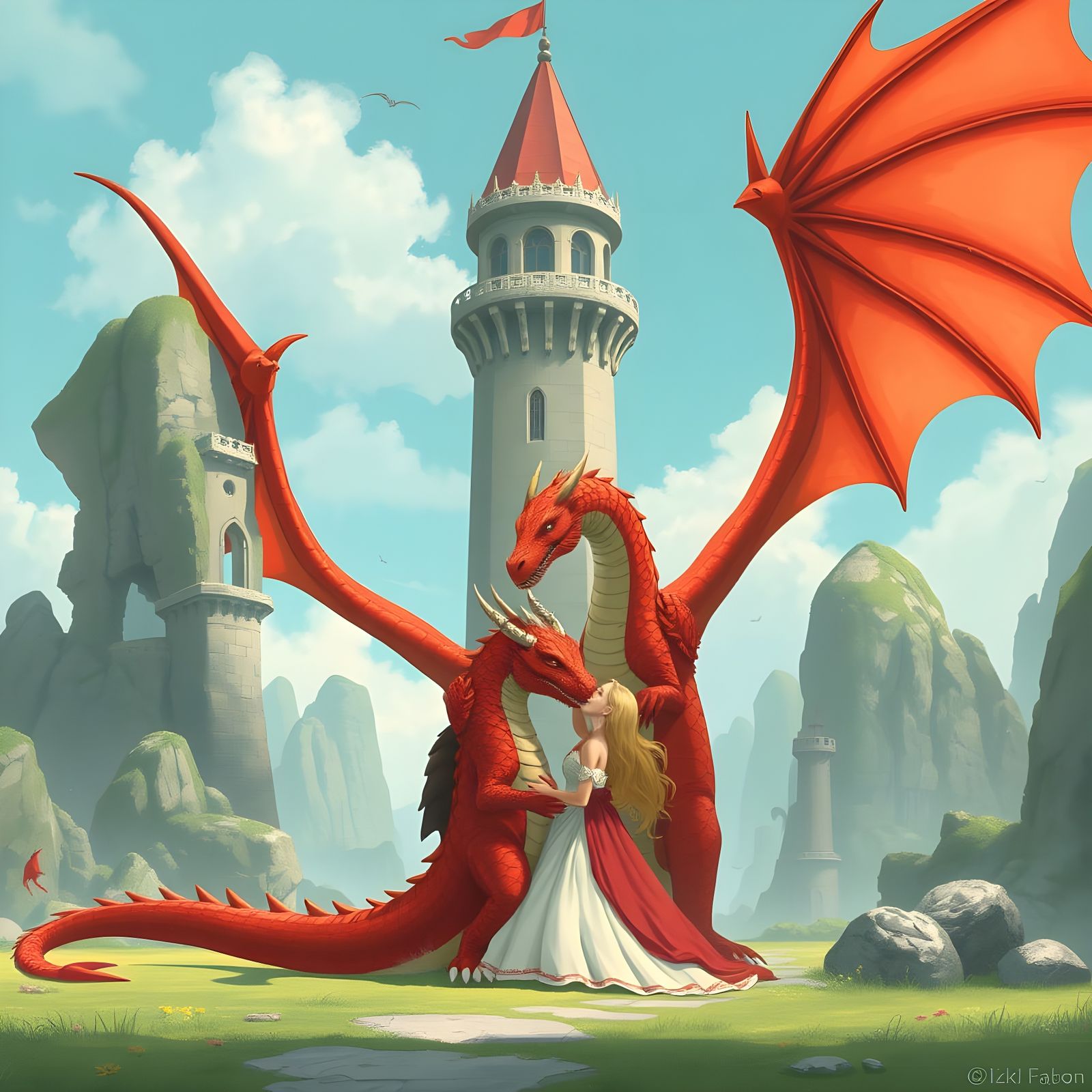 Giant Red Dragon Protects Kissing Dragon and Princess