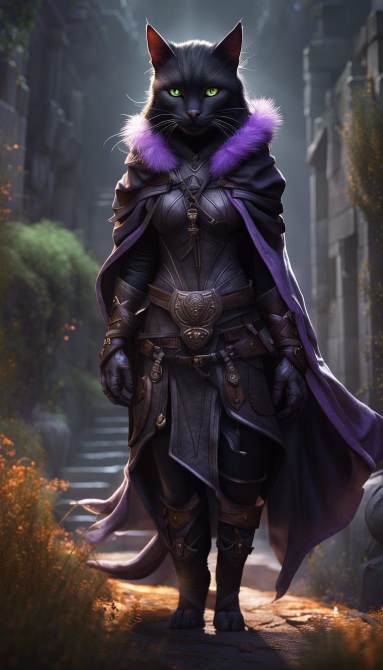 female black cat tabaxi with lavender eyes and long fur, wearing leather armor, black hooded cloak and chakrams