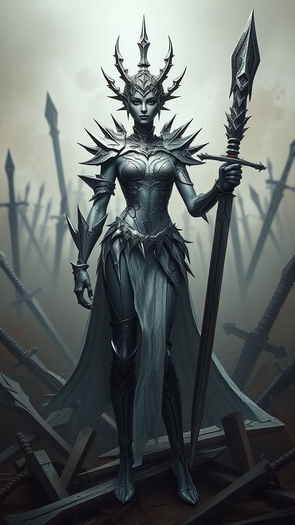 Surreal Blade-Adorned Female Warrior in Digital Art Style