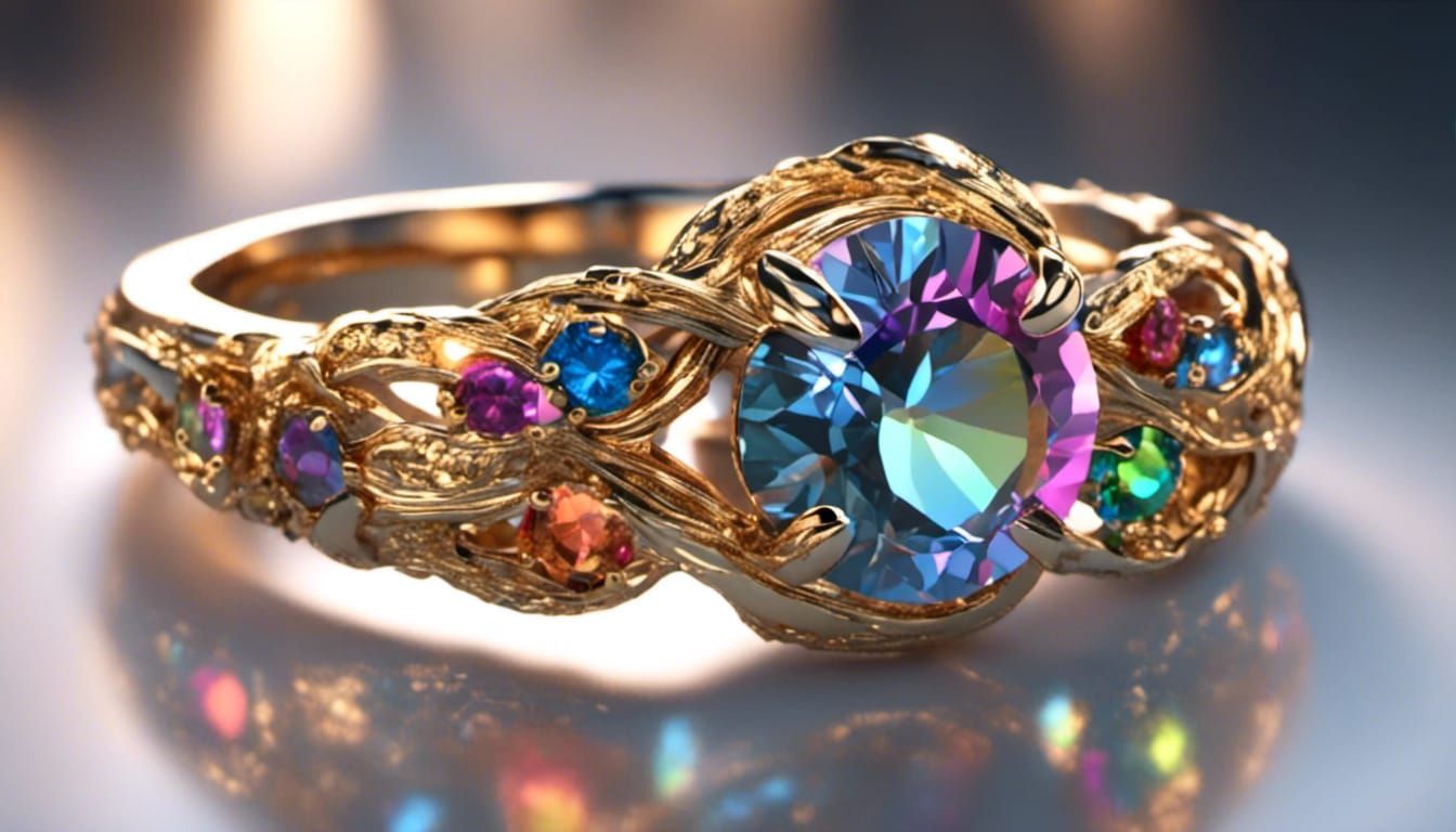 Gold Gemstone Ring Emitting Rainbow Light in HD Realism