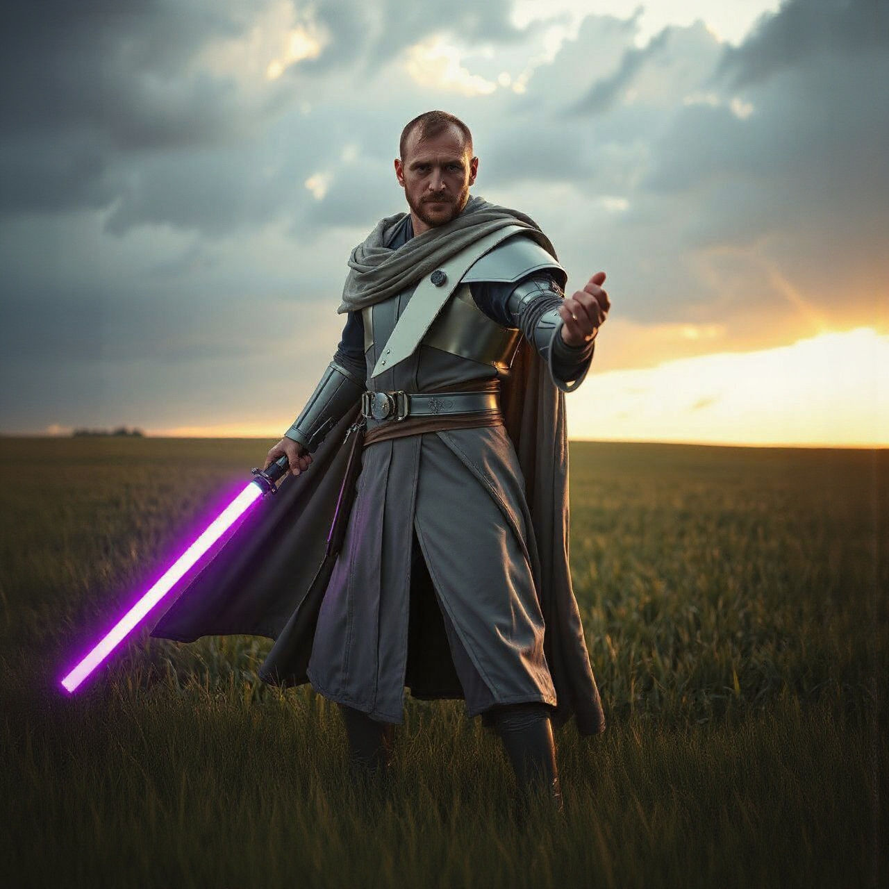 Heroic Jedi Knight in Futuristic Armor with Lightsaber