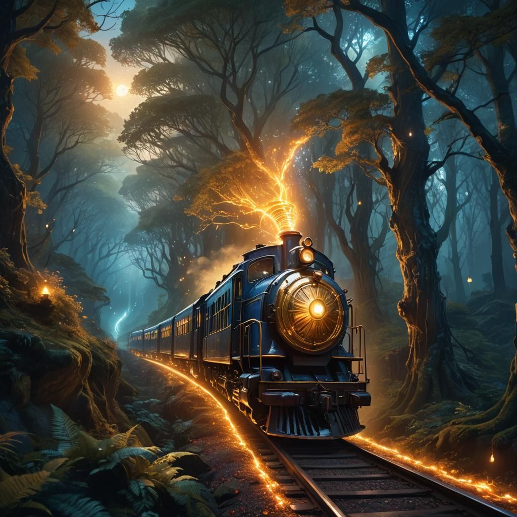 Mystical Being Rides a Glowing Train on Ethereal Roads
