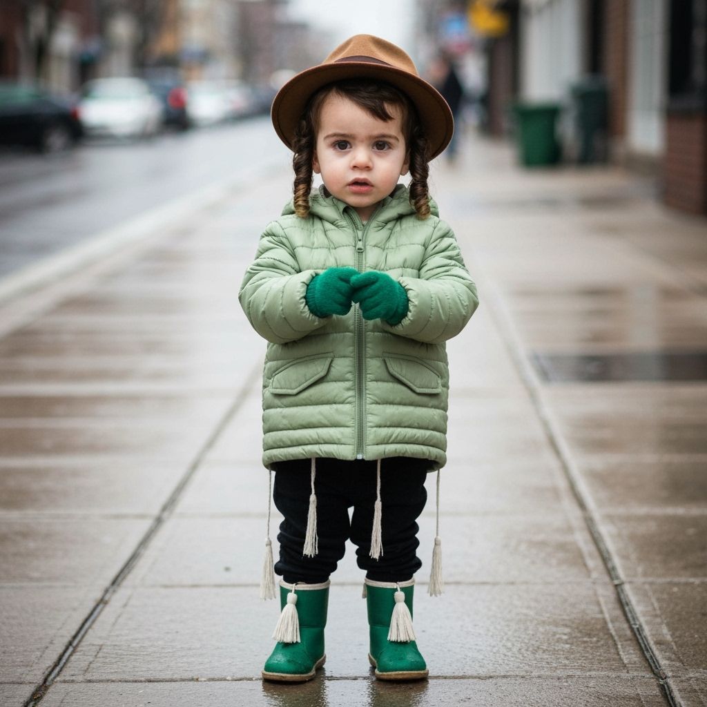 Cute Haredi Boy Adjusting Gloves on Rainy Sidewalk
