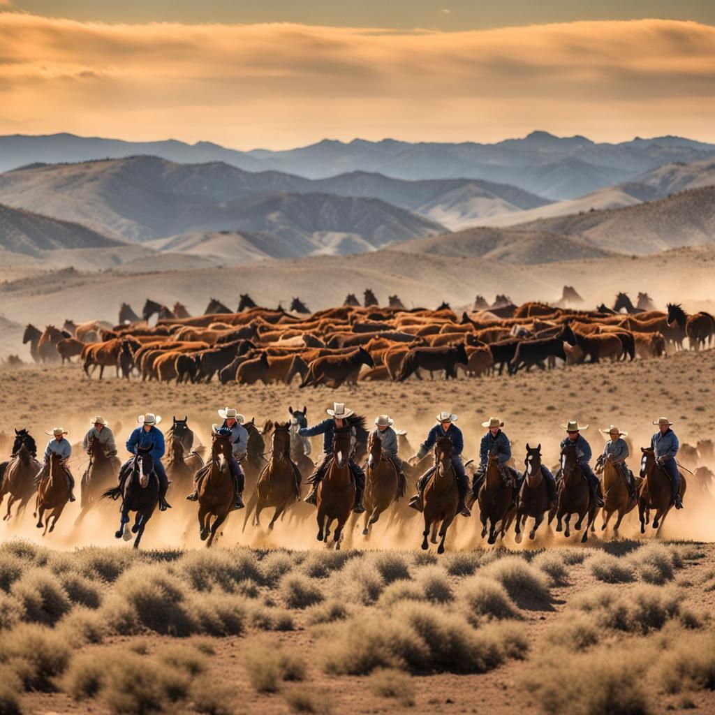 Cowboys Herding Wild Horses in the American West