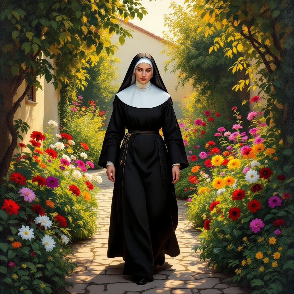 Nun in Garden, Baroque Painting Style