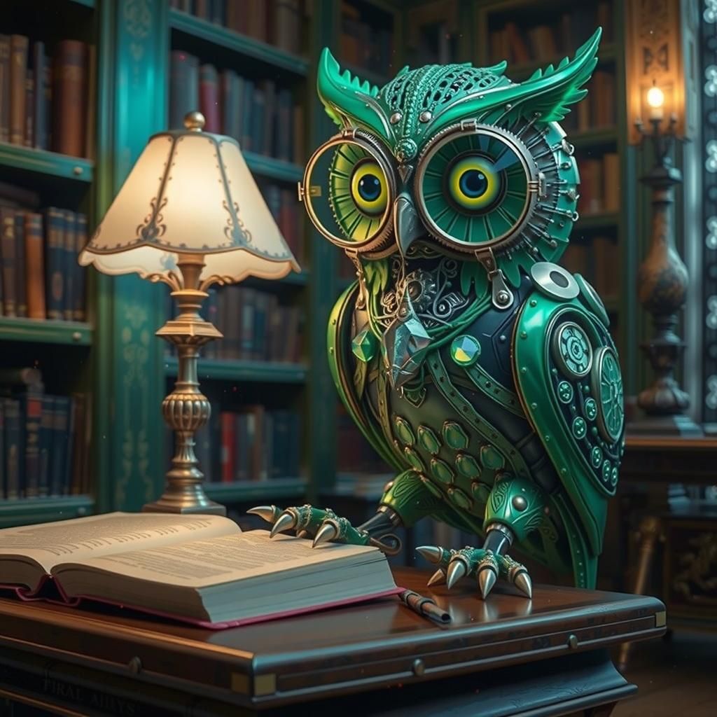Cyberpunk Robotic Owl Reads in Rococo Library