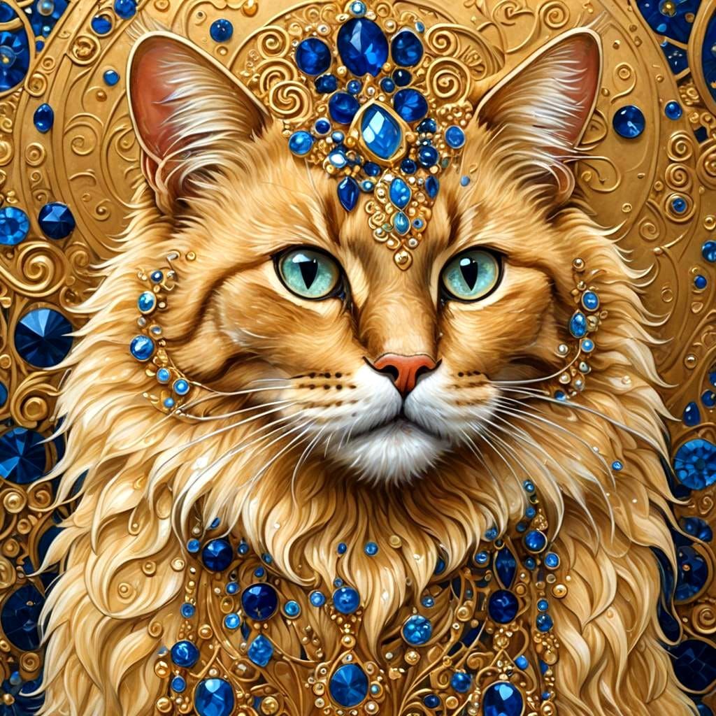 Golden Cat with Jewels in Art Nouveau Style