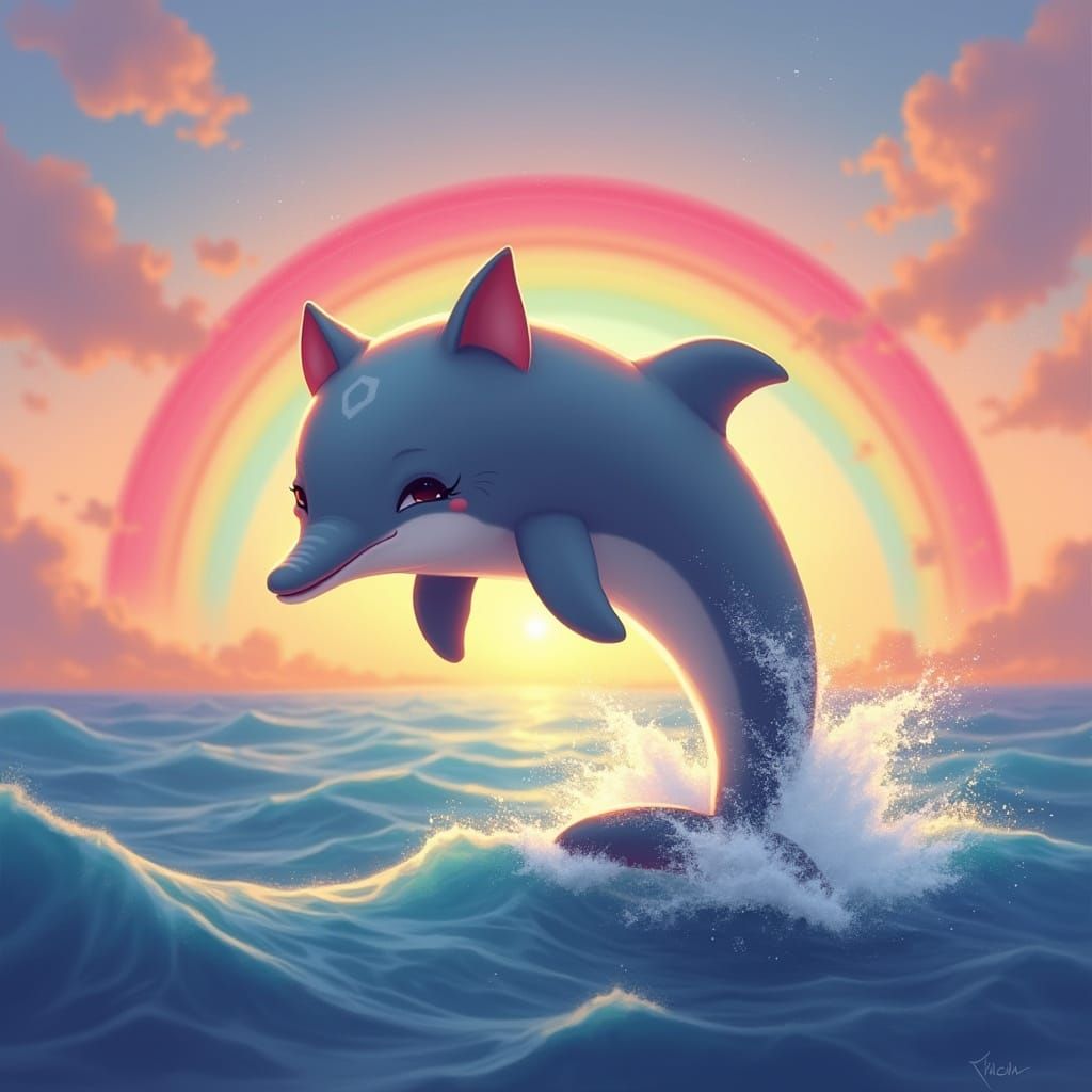Whimsical Dolphin with Cat Face Leaps into Sunset