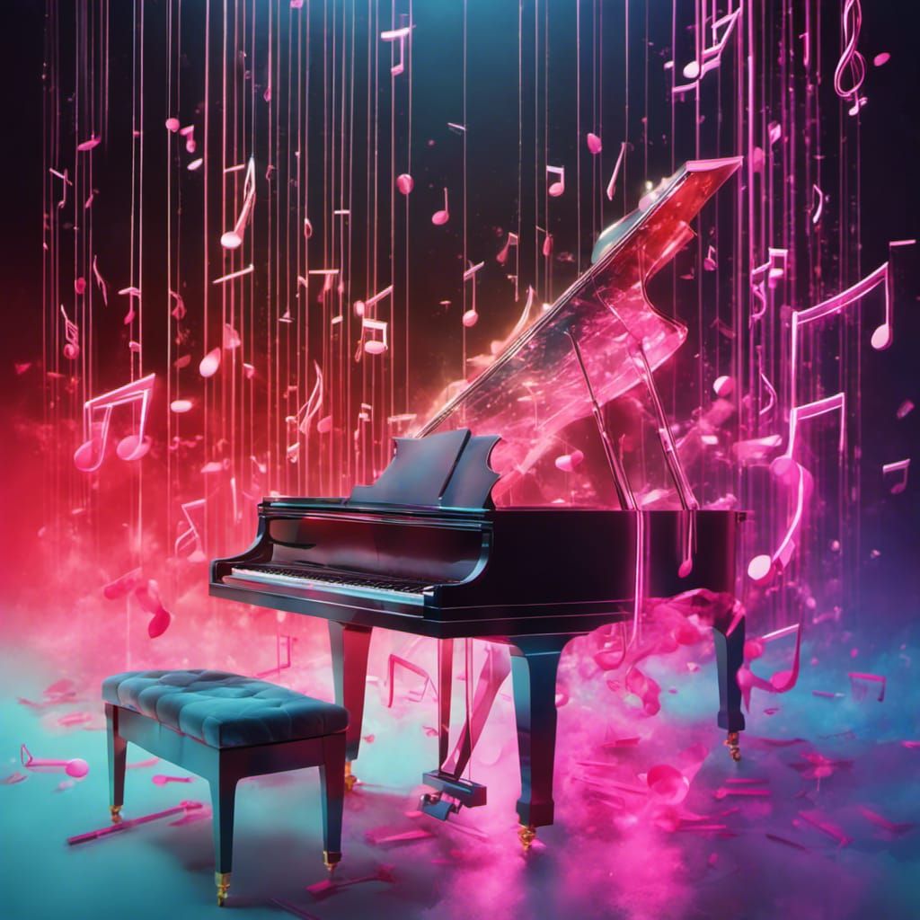 Grand Piano with Neon Pink Musical Notes