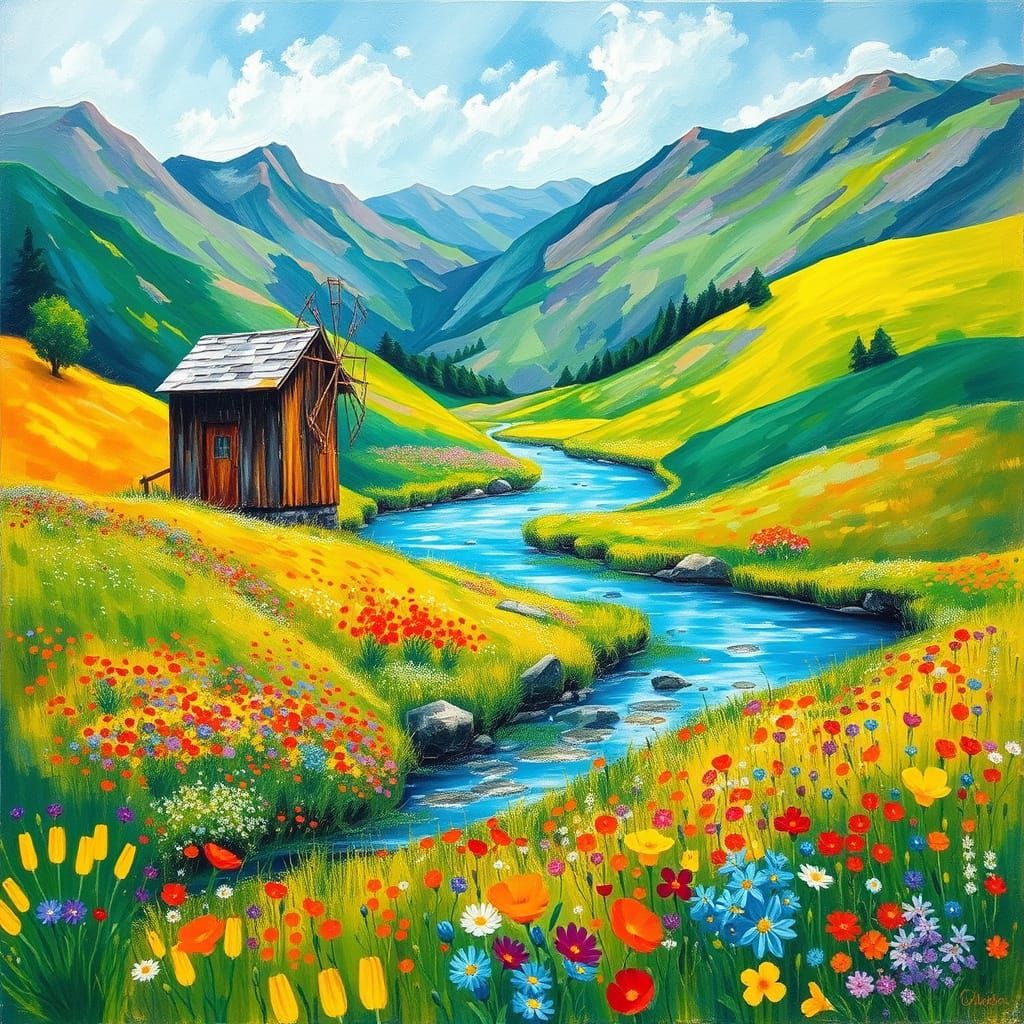 Painterly Landscape with Watermill and Colorful Meadows