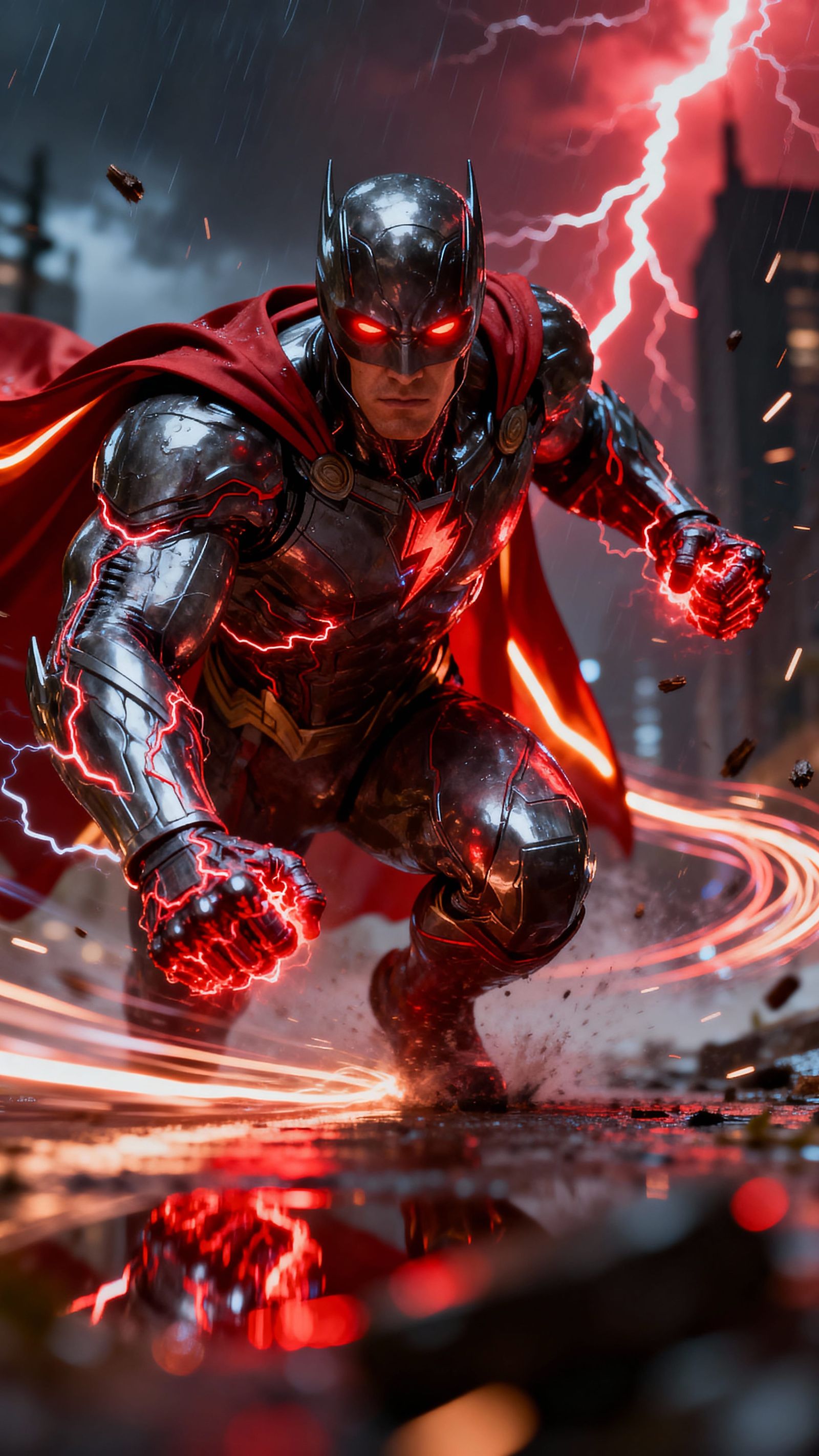 Heroic Figure Enveloped in Red Lightning