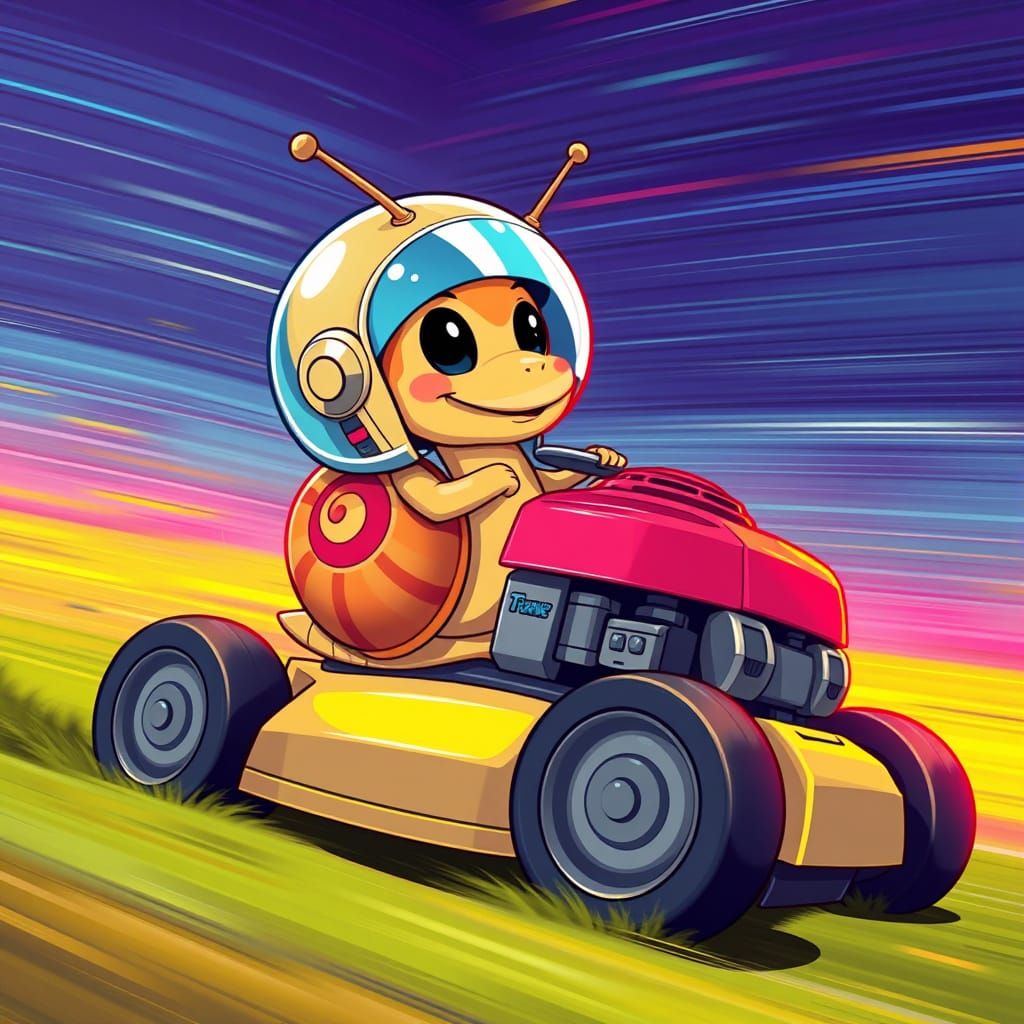 Turbo Snail on Lawnmower in 80s Cartoon Style