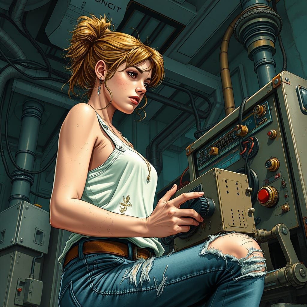 Space Engineer Rebuilding a Futuristic Generator in a Dusty,...