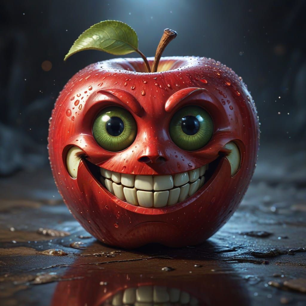 Surreal Apple with Googly Eyes and Bright Smile in Comic Boo...