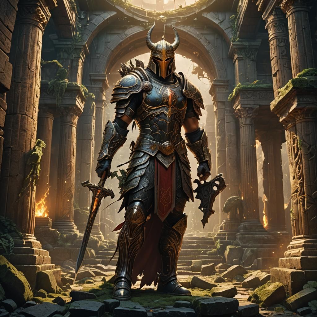 Ares Victorious in Ruined Temple: Fantasy Art