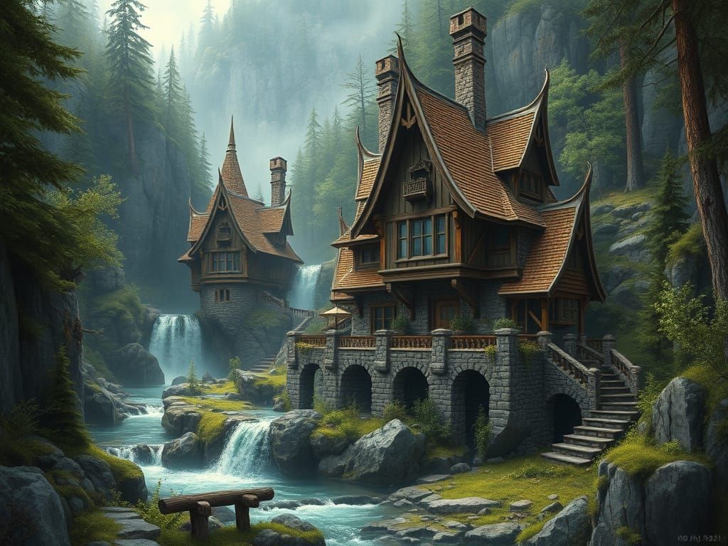 Enchanting Elven Cottage by Waterfall, Matte Painting