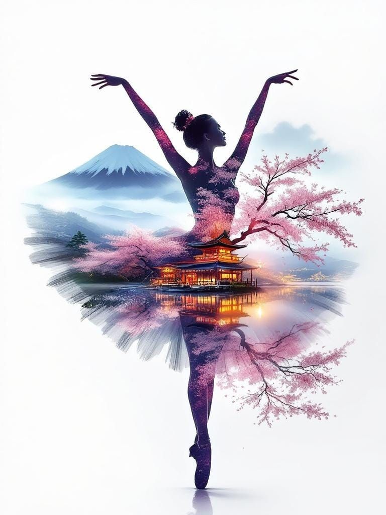 Ballerina Double Exposure with Japanese Landscape